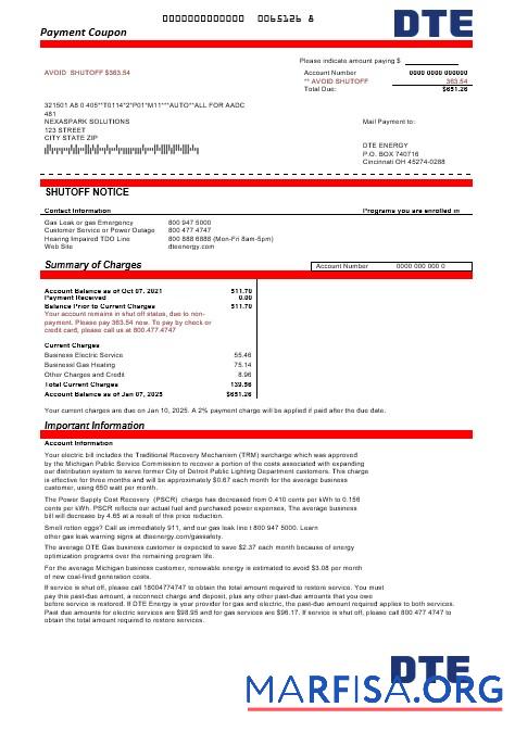 Realistic USA Michigan DTE Energy business utility bill template in Word and PDF formats